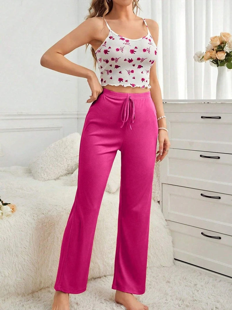 Ladies' Sexy Floral Print Pajama Set Soft Spaghetti Strap Top With And Elastic Pants For Comfortable Sleepwear and Loungewear