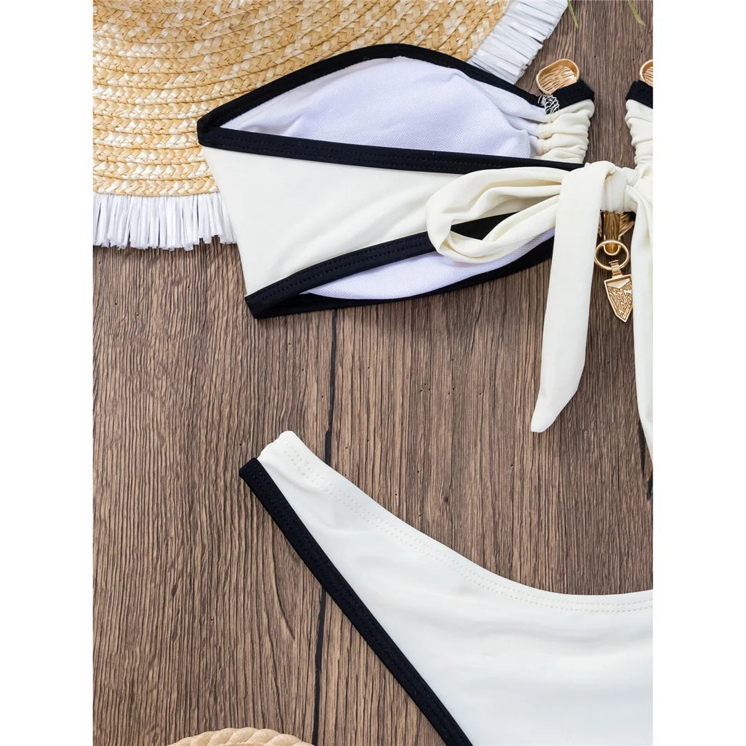 Bandeau Splicing Metal Ring Brazilian Bikini Women Swimwear Female Swimsuit Two-Pieces Bikini Set Bather Bathing Suit Swim V5651