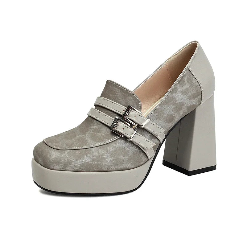 Square Toe Platform Double-Layer Buckle Shallow Sleeve Office Pumps Ultra-High Thick Heel Breathable High Heels