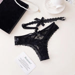Hanging Neck Detachable Sexy Lace Women's Underpants Sweet Bow Hollow Out Mesh Panties Metal Ring Cotton Crotch Briefs Lingerie