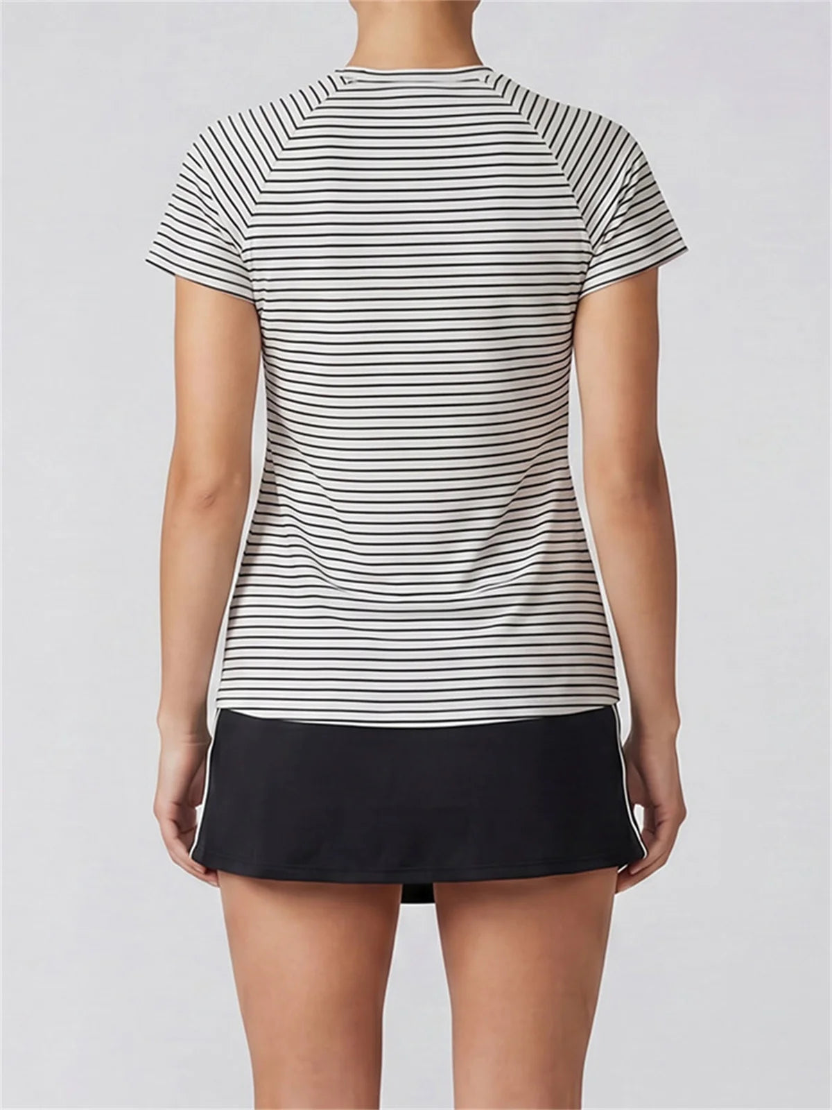 Women's Yoga Outfit Set Black Stripe Tennis Skirt Workout Clothes Short Sleeve O Neck Sports T Shirts Mini Skorts Fitness Sets