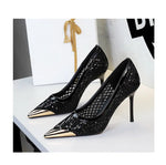 BIGTREE 2026 Fashion Metal Decoration Mesh Hollow Pointed Toe Woman Pumps Thin Heels Party Ladies Shoes Zapatillas De Mujer