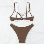 Brown Ruffled Edge Bikini Pushup Bead Straps Solid Swimwears Sexy Swimsuit Women 2026 High Cut Bathing Suit Bikinis Sets Mujer