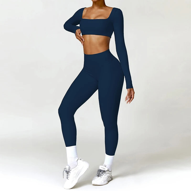 Hearuisavy Summer 2PCS Long Sleeve Gym Set Women Yoga Clothes Quick-Drying Sportswear Running Leggings Workout Sports Crop Top