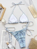 Denim Printed Halter Strappy High Cut Bikini Female Swimsuit Women Swimwear Two-pieces Bikini Set Bather Bathing Suit Swim Lady