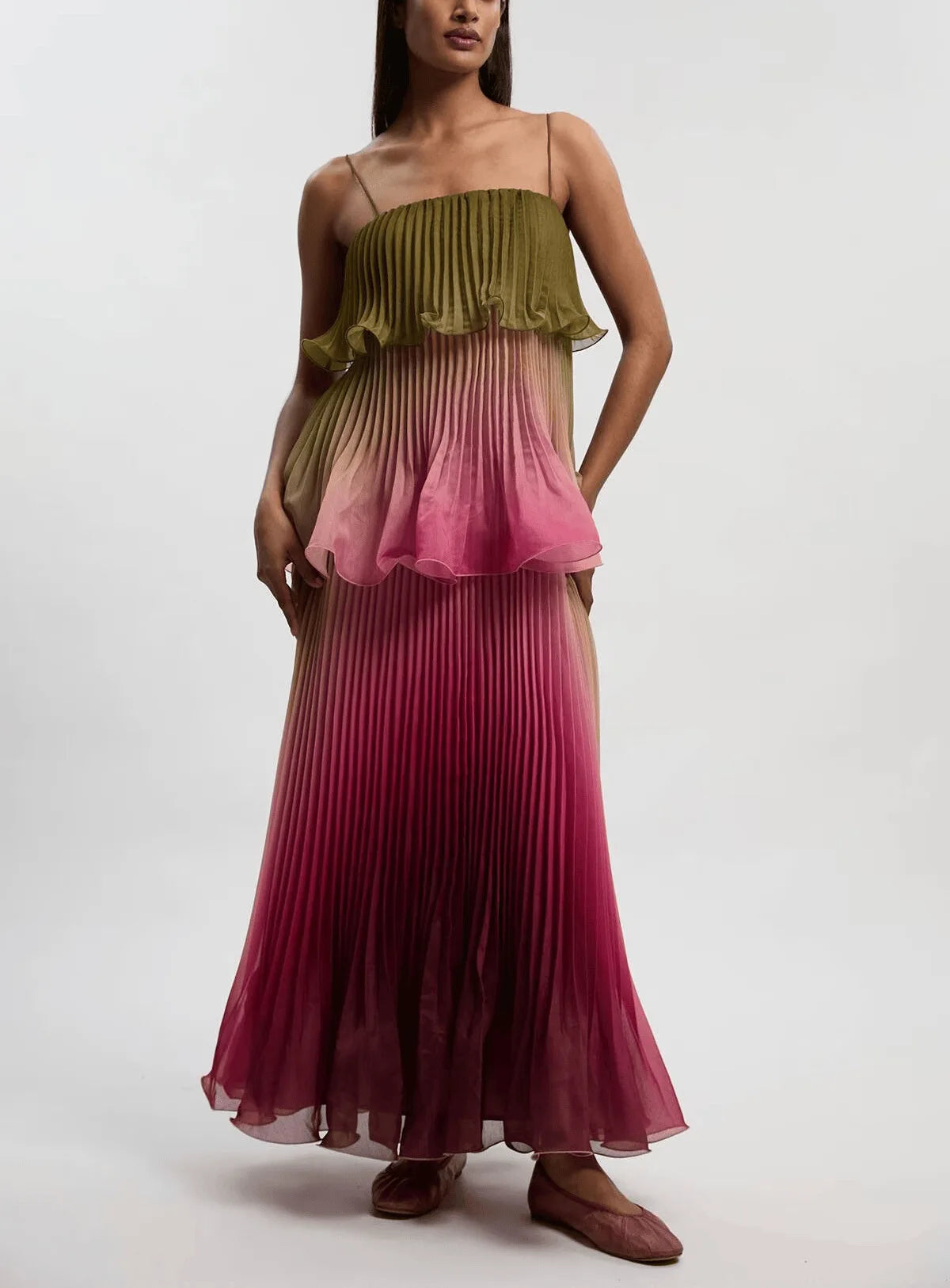 MsChuh Vestidos 2026 Woman Dress Vestido Dresses Spaghetti Strap Temperament Playful Gradient Ruffles Sleeveless Pleated Holiday
