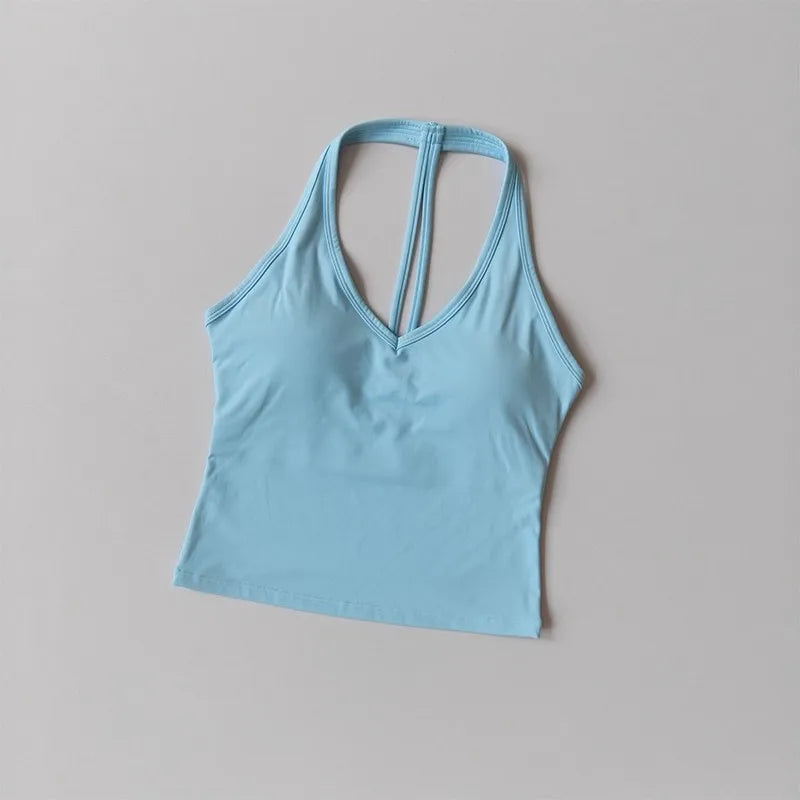 Women's Summer V-Neck Yoga Sports Vest Hanging Back Neck Design Outdoor Running Training Gathered Fit Top for Active Wear