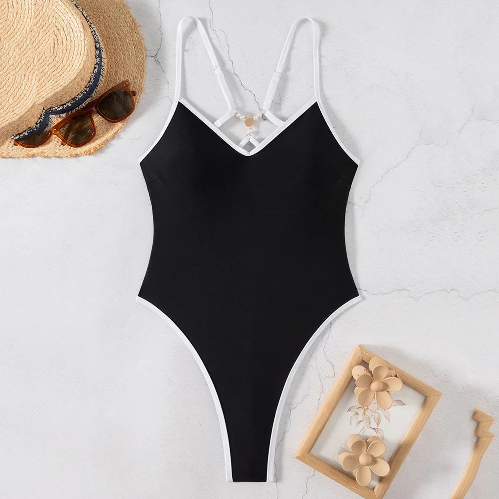 Black Cross String Pearl Backless Swimwear One Piece Sexy Swimsuit Woman 2026 High Leg Cut Beach Swimming Bathing Wear Suit