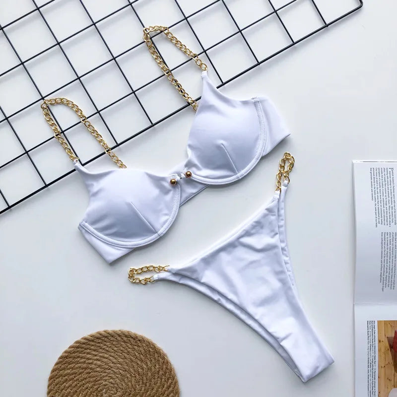 Sexy Metal Chains String High Cut One Piece Swimsuit Women Swimwear Female Monokini Tummy Cut Out Bathing Suit Swim Beach Wear
