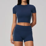 Color Contrast Yoga Suit Women Short Sleeve O Neck Sports T Shirts Tracksuit Outwear High Waist Shorts Gym Running Fitness Suits