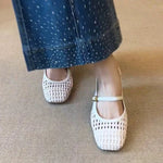 French Single Shoes Women Spring Summer Cutout Woven Square Toe Kitten Heel Block Heel Off-White Sandals