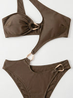 Sexy One Shoulder Swimwear Women Coffee Metal Buckle Hollow Out Backless Thong Bikini Summer Bathing Suit One Piece Swimsuit