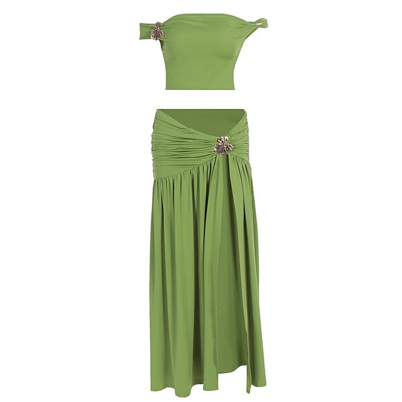 Summer Skirt Set Women Metal Flower Sexy Off Shoulder Slim Crop Top High Slit Skirt Sets Fashion Backless Pleated 2 Piece Suits