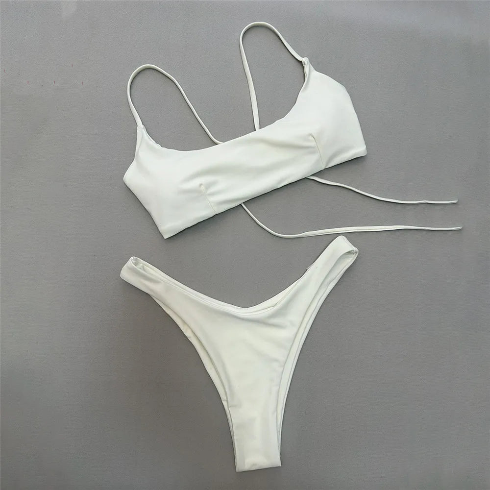 Brown Bandeau Micro Bikini Set Back String Lace-up Sexy Swimsuit Solid Swimwears Woman 2026 High Cut Bathing Suit Bikinis Femmes