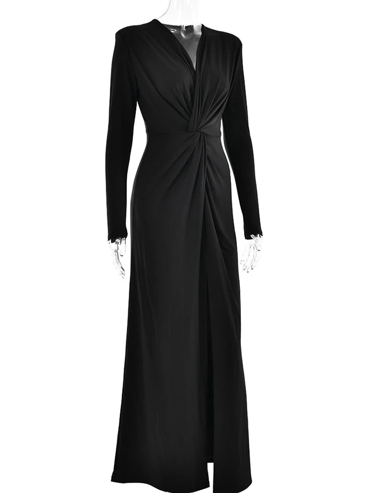 Ahagaga Fashion Sexy Elegant Maxi Dresses Streetwear V-neck Casual Solid High Split Long Sleeve Slim Sheath Party Women Vestidos