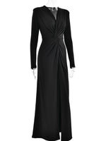 Ahagaga Fashion Sexy Elegant Maxi Dresses Streetwear V-neck Casual Solid High Split Long Sleeve Slim Sheath Party Women Vestidos