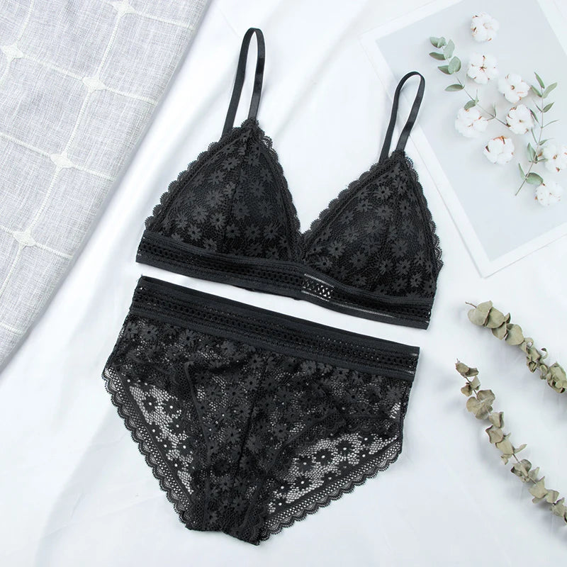 Women Floral Lace Bras Suit Solid Underwear Padded Breathable Vest With Briefs Sexy Hollow Out Bralette Thin Lingerie One Size