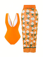 Vintage Green Deep V Neck One Piece Swimsuit 2025 Women Sexy Mesh Long Skirt Swimwear Set Beach Bathing Suit Holiday Monokini