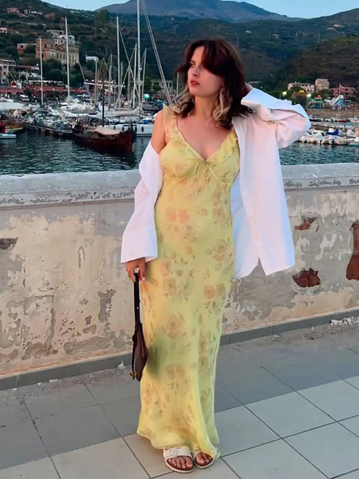 Sexy Elegant Flower Print Slim Long Dresses Women V-neck Low Cut Leace-up Backless Package Hip Bodycon Sleeveless Dress Female