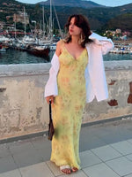 Sexy Elegant Flower Print Slim Long Dresses Women V-neck Low Cut Leace-up Backless Package Hip Bodycon Sleeveless Dress Female