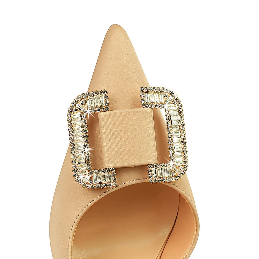 BIGTREE Pumps Elegant Pointed Crystal Buckle Slim High Heel Single Shoes Women Silk Spring/Summer High Heel Pumps Wedding Dress