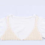 Fashion Casual Hollow-out Knitwear Women Cream White Crochet Knit V Neck Button Front Ruffle Hem Sleeveless Casual Crop Top 38V2