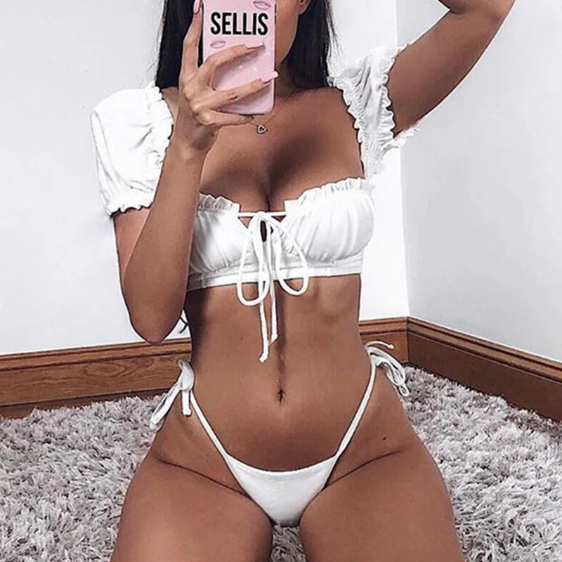 DEKA Brazilian Puff Sleeve Bikini Set Women Thong Swimsuit Printed High Waist Swimwear Bathing Suit Beachwear Push Up Bikini