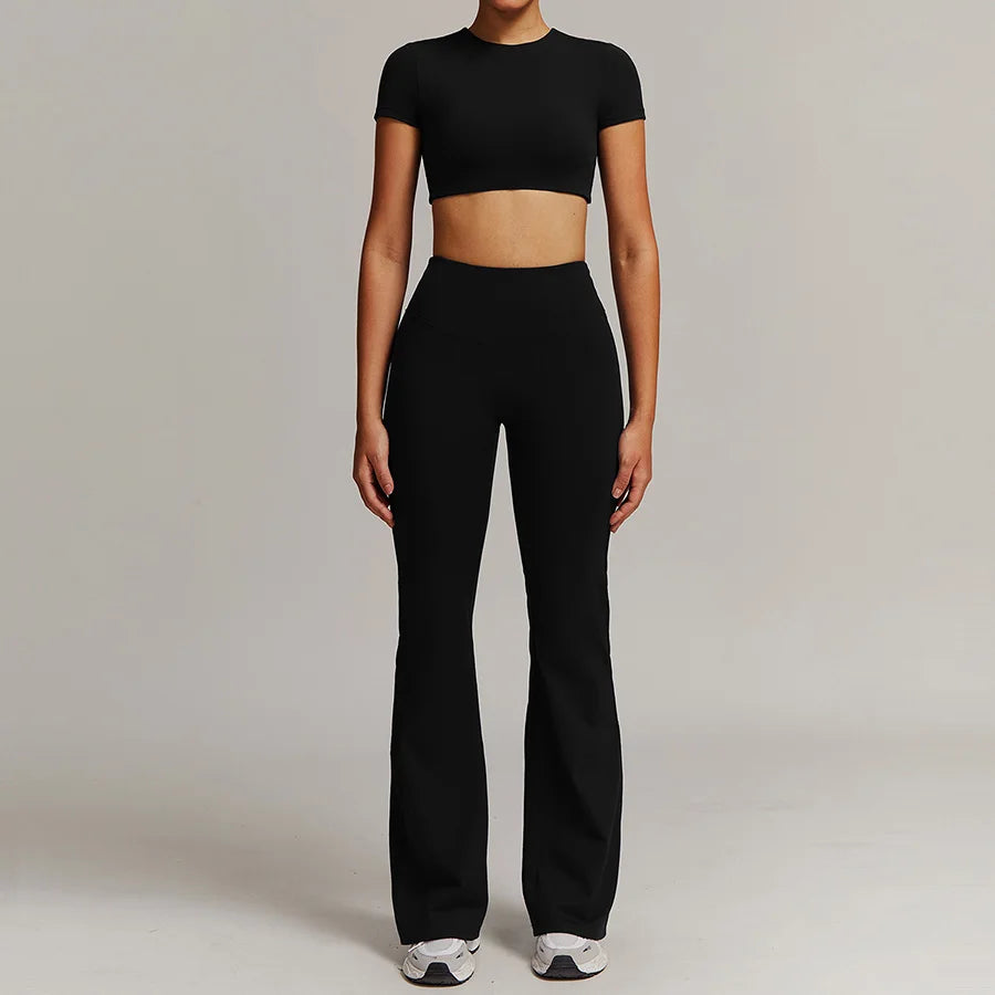 Women 2PCS Yoga Suit Sports Gym Set Tracksuit Workout Long Sleeve Shirt Fitness Flared leggings Short sleeve shorts running suit