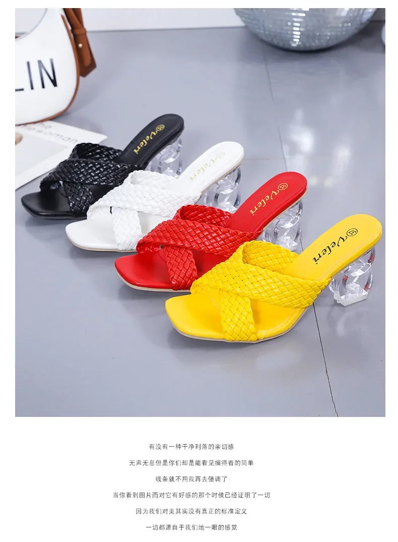 Transparent Strange High Heels Sandals Women SummerPlus Size Weave Female Slippers Fashion Yellow Open Toe Slides