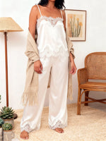 Women Summer Sleepwear White Satin Pajama Sets Lace Spaghetti Straps Cami with Pants Two Piece Sets