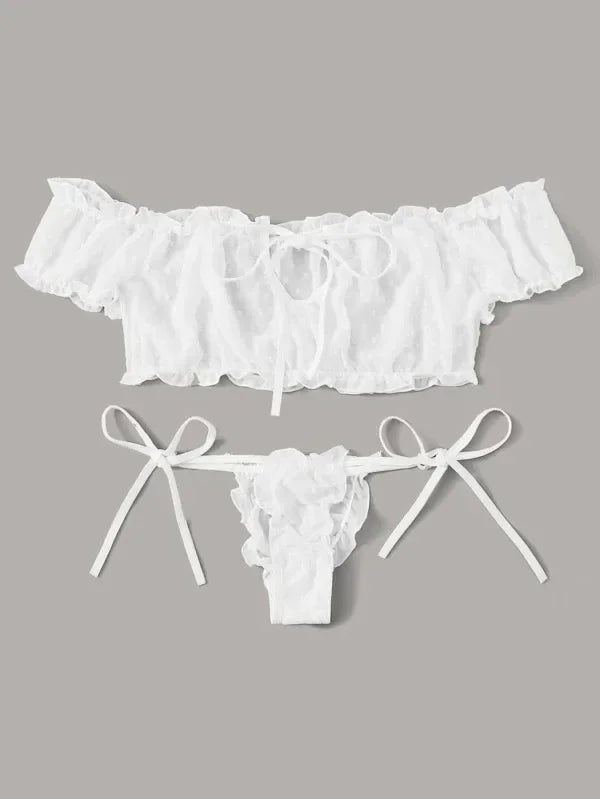 Mesh Dot Printed Off Shoulder Transparent Ruffle Bralette Bra and Panty Thong Underwear Sets Women's Sexy Lingerie Intimates