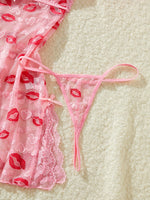 Lips Prints Pink Lace Sexy Lingerie Women See Through Babydoll Dress Slim Soft V Neck Side Opening Sleepwear Festival Gift