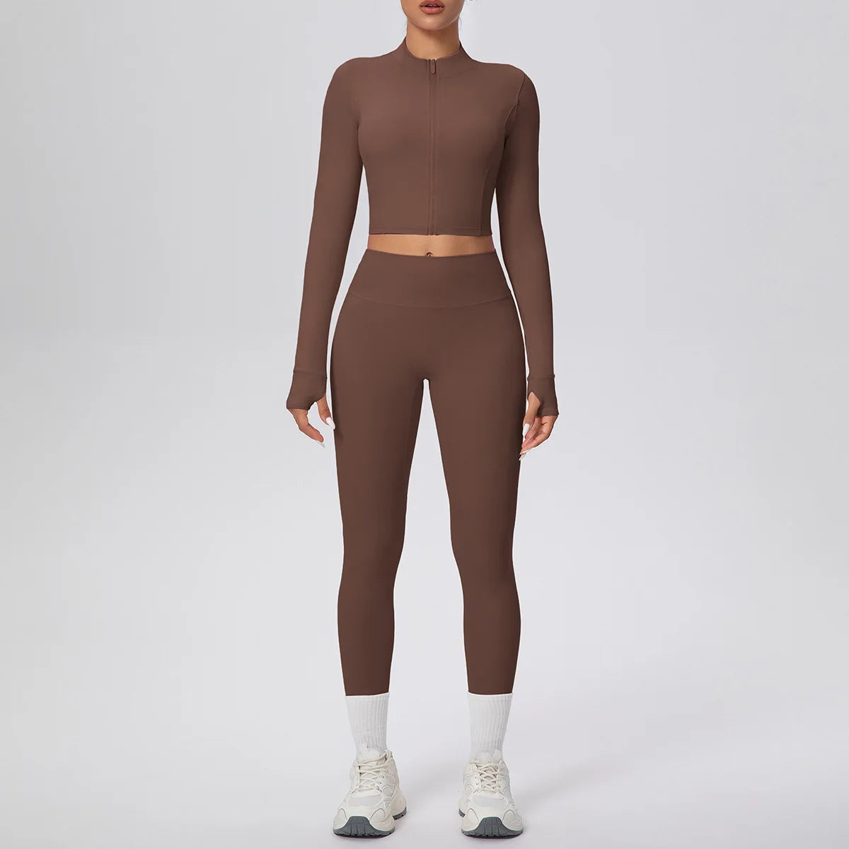 New Women Yoga Set Solid Color Double-Sided Brushed Bare Feel Short Long-Sleeve Jacket Tight Pants Running Fitness 2-Piece Set
