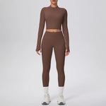 New Women Yoga Set Solid Color Double-Sided Brushed Bare Feel Short Long-Sleeve Jacket Tight Pants Running Fitness 2-Piece Set