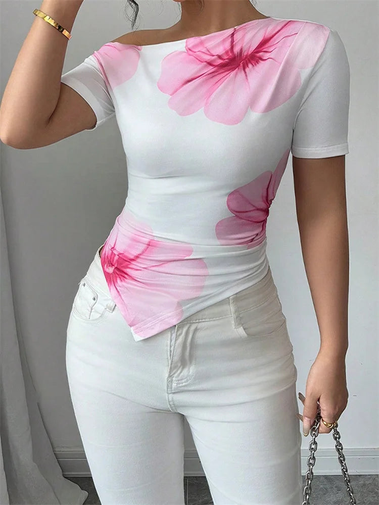 Women's Summer T-Shirts Flower Print Short Sleeve Slash Neck Off One Shoulder Trendy Tees Tops