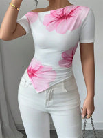 Women's Summer T-Shirts Flower Print Short Sleeve Slash Neck Off One Shoulder Trendy Tees Tops