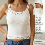 Women's Ribbed Cami Top with Floral Trim Built-in Bra Sleeveless Tank Top Fake Two-piece Slim Fit Casual Ladies Underwear