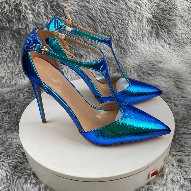 Green Snake Print High Heels Hollow Design 12cm Stiletto Women's Fashion Shoes