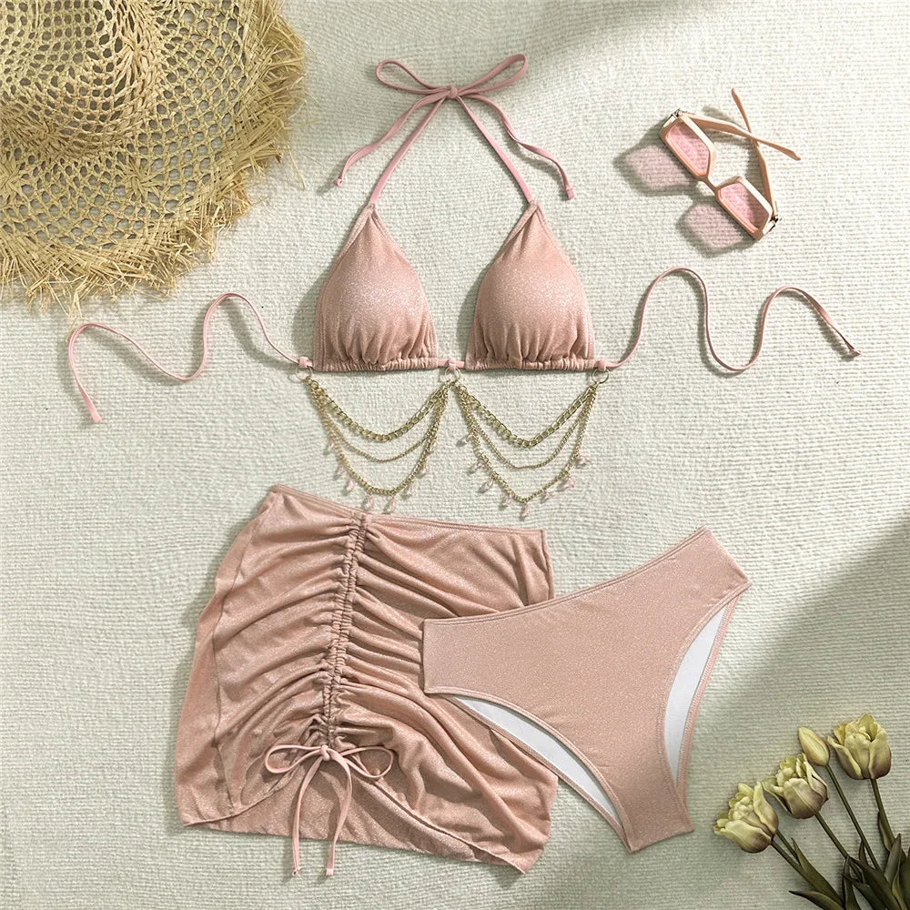 Shiny Pink String Halter Triangle 3 Piece High Waisted Bikini Set Swimwear Skirt Cover Up Rhinestone Chaining Swimsuit Beachwear
