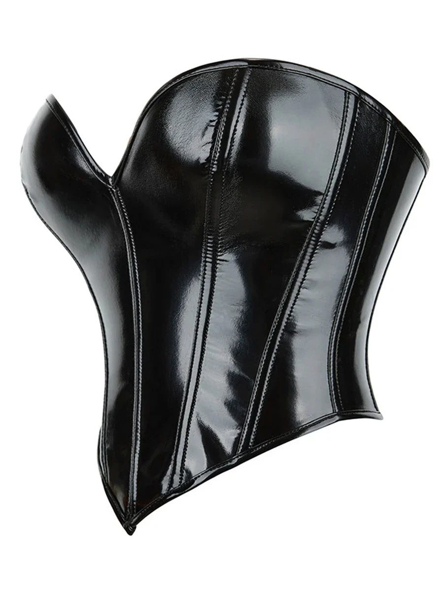 Women PU Leather Bustier Back Lacing-up Fish Boned Corset Curved Hemline Crop Tank Tops