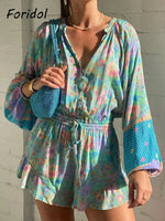 Long Sleeve Spring Summer Short Jumpsuit Women Printed Bohemian Wide Leg Playsuit Female Romper Ruffles Rayon Boho Overalls 2025