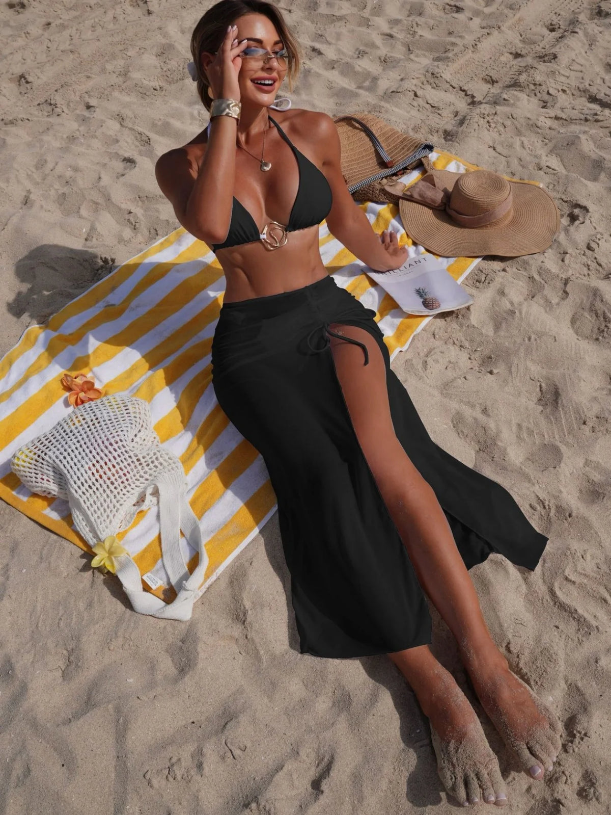 Sexy Black Mesh Long Skirt 3 Piece Bikini Set Women White Metal Ring Linked Push Up Bra Swimsuit Holiday Bathing Suits Swimwear