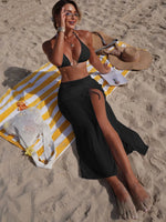 Sexy Black Mesh Long Skirt 3 Piece Bikini Set Women White Metal Ring Linked Push Up Bra Swimsuit Holiday Bathing Suits Swimwear