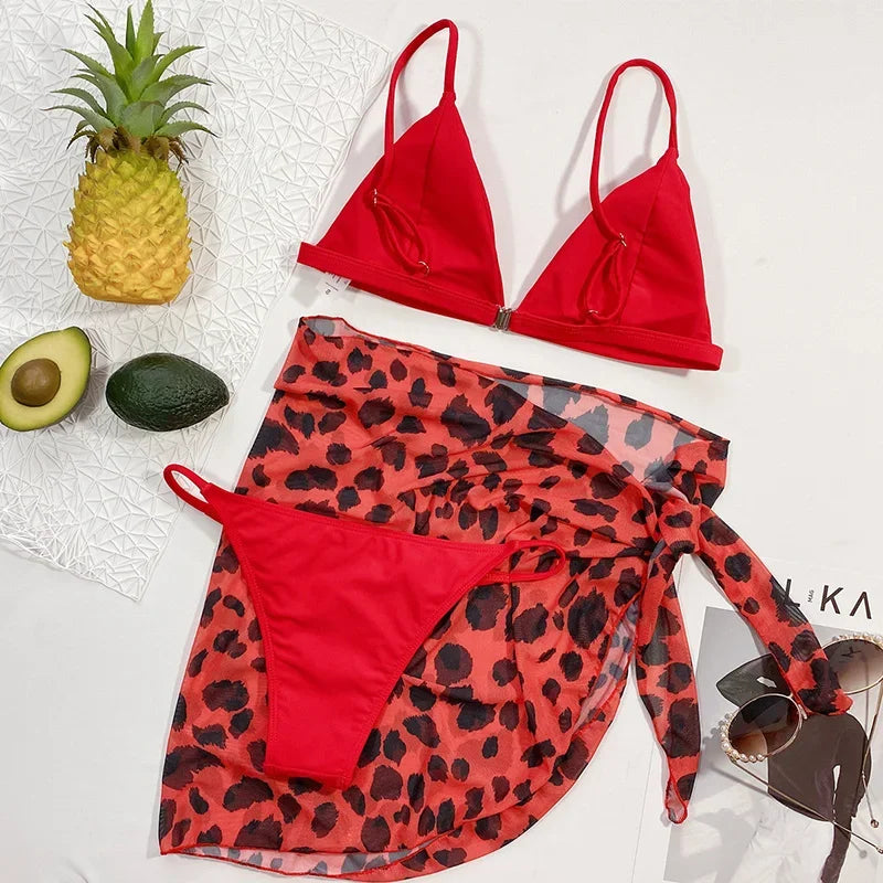 With Mesh Skirt Sarong Tie Dye Micro Bikini Women Swimsuit Female Swimwear Three Pieces Bikini Set Bathing Suit Swim Beachwear