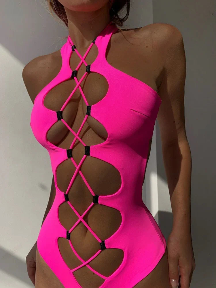 Sexy Black Hollow Out Swimwear Women 2026 High Neck Backless Monokini Lace Up Bandage Bathing Suit Holiday One Piece Swimsuit