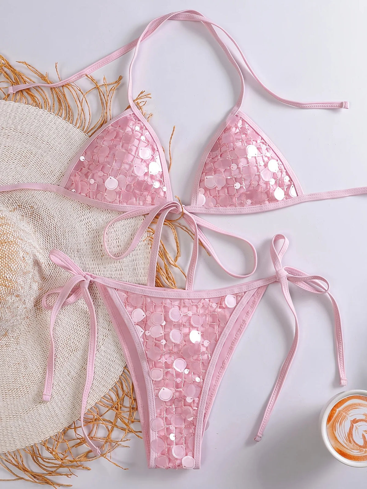 Sexy Sequin Pink Bikini Set 2026 Women Mesh Front Tie Push Up Bra Triangle Swimsuit Beach Bathing Suit Micro Swimwear Biquini