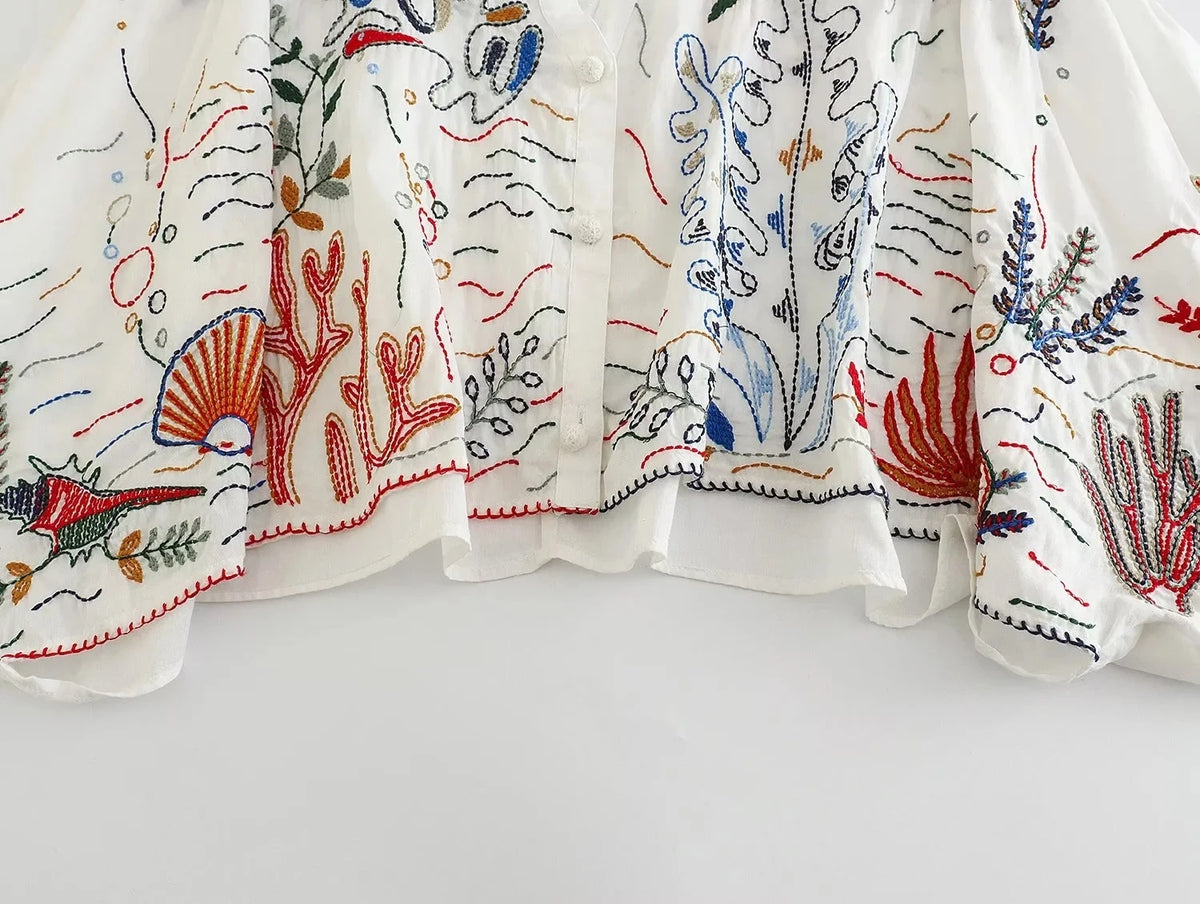 Foridol Marine Organism Embroidery Batwing Sleeve Summer Spring Maxi Skirt Set Cotton White Tassle Dress Set Outfits Button Suit