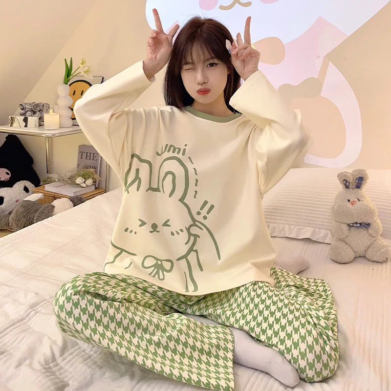 New Women's Spring and Autumn Fashion Cartoon Casual Pajamas, Thin Winter Homewear, Plus-Size Simple and Loose Teenage Pajama Se