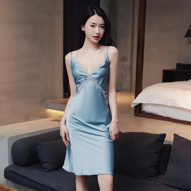 Sexy Silk Nightgowns Lace Satin Nightdress New Summer Women Home Strap Sleepwear Lingerie Long Sleeping Dress
