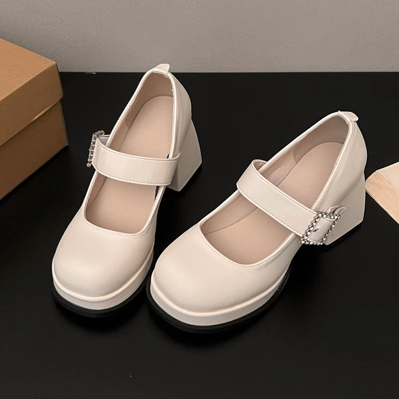Elegant Chunky Heel Mary Jane Shoes Women 2025 Crystal Buckle Strap Platform Pumps Woman Thick High Heeled Party Shoes Ladies